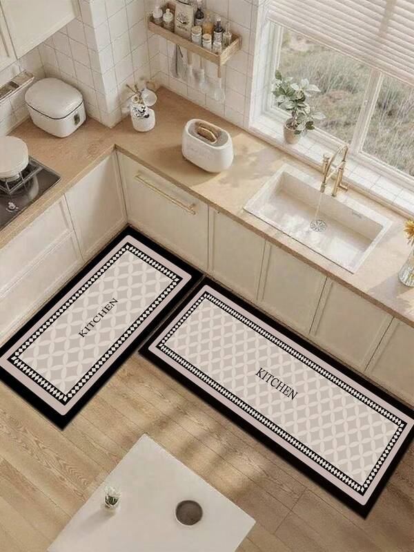 1 buc. Covor de bucătărie din gel de silice cu elemente geometrice, stil minimalist, cu modele circulare repetitive pe fundal gri deschis, decorat cu margini cu dungi alb-negru, imprimat cu textul "BUCĂTĂRIE", design elegant și stilat, covor de bucătărie anti-oboseală, cu pernă