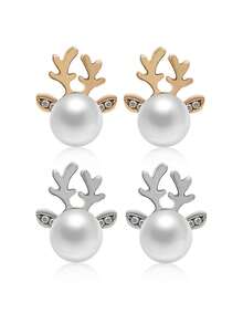 Christmas Pearl Deer Horn Earrings, Deer Head Creative Earrings For Women