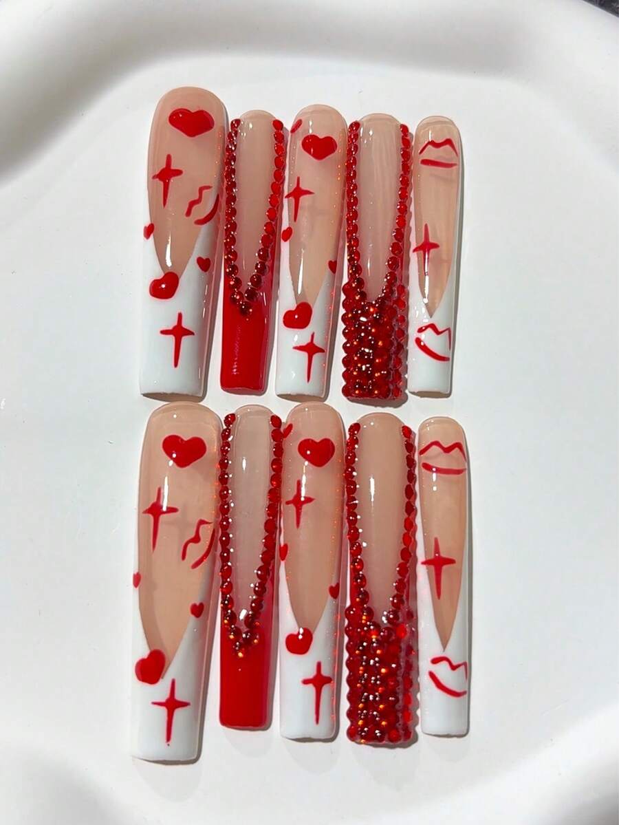 10 sztuk walentynkowych paznokci Y2K, bardzo długie, w kształcie trumienki, w kolorze czerwonym i białym, ręcznie robione, z luksusowym czerwonym diamentowym zdobieniem, wzorem serca i gwiazdy; artykuły do paznokci, domowe paznokcie, DIY, zdobienia paznokci, akrylowe sztuczne paznokcie; odpowiednie na walentynki, imprezy, codzienne noszenie, wesele; świetny prezent dla kobiet i dziewcząt; zawiera 1 arkusz żelu i 1 mini pilnik - Czerwony i biały - Zobacz 1