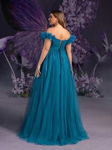 Faeriesty Dressalisa Elegant Off-Shoulder Maternity Evening Dress With Feather Accents - Flowy Sheer Fabric For Spring/Summer Weddings, Baby Showers, Galas & Photo Shoots - Teal Blue - View 2