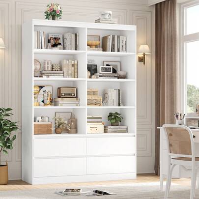 Bibliothèque 180 cm avec quatre tiroirs, étagère, rangement, vitrine de salon, idéale pour bureau, salon, bureau et salle à manger, 8 compartiments, blanc, 120 x 30 x 180 cm