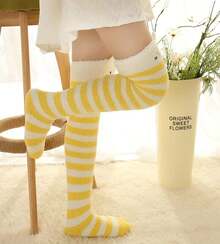 Womens Thigh High Fuzzy Socks Cute Over Knee Stockings Winter Warm Stripe Leg Warmers - Màu vàng - Xem 1