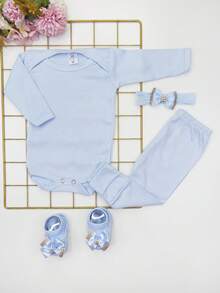 4 Piece Set Long Sleeve Bodysuit With Booties, Hairband And Ribbed Knit Pants / Baby Girl Set With Booties And Hair Bow Blue BB - Blue - View 1