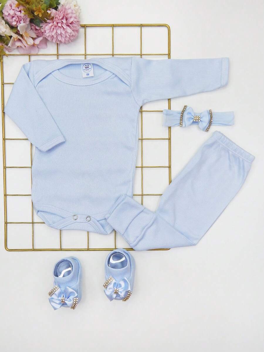 4 Piece Set Long Sleeve Bodysuit With Booties, Hairband And Ribbed Knit Pants / Baby Girl Set With Booties And Hair Bow Blue BB - Blue - View 1