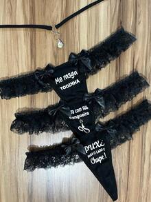 Kit Of 3 Phrase Panties With Thong With Waist Accessory, Butterfly Pendant, Letter, Contrast Fabric Bow, Summer Panties - 黑色 - 查看 3