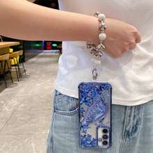 蝴蝶图案单件式极简支架手机壳，防震/TPU硅胶软边奢华保护套，带防尘孔，兼容三星Galaxy S24 Ultra/S24 Plus/S24/S23 Ultra/S23 Plus/S23/S22 Ultra/S22 Plus/S22/S21 Ultra/S21 Plus/S21 FE/S23 FE/S20 Ultra/S20 Plus/S20 FE，以及电镀+TPU硅胶软边全包高端保护壳，适用于A5x/C1 2 3 4 5 6 7 8 9/9 8 7 6 5 4 3 2 1和A1 2 3 4 5 6 7 8 9 9 8 7 6 5 4 3 2 1。 - 藍色+支架+鏈 - 查看 4