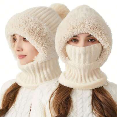 1pc WarmthMax Thermal Lined Knit Hat - Windproof, Thermal Insulation, Earflap Protection, Hooded Neck Gaiter, Breathable, Moisture-Wicking, Outdoor Cycling Essential For Cold Weather Halloween Winter Fall