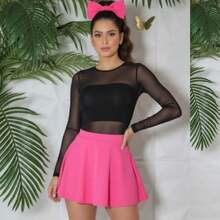 Set conjunto de 4 piezas blusa mesh manga larga cuello redondo crop top de tirantes falda short circular pretina ancha moño para coleta sexy coquette moda juvenil - Rosa Fucsia - Ver 2