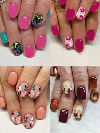 96 件（4 件混合）短方形粉色法式猫眼尖头按压指甲，彩色花朵、枫叶和金粉设计，春、夏、秋、冬的基本风格，易于佩戴的亚克力假指甲套装，包含 1 件果冻胶和 1 个指甲锉，适合女性和女孩的日常生活和各种派对使用。