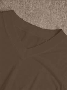 Women's Casual V-Neck Ribbed Sleeve Long Sleeve Top + Long Pants Set, Comfortable & Minimalist, Autumn/Winter - Brown - View 5