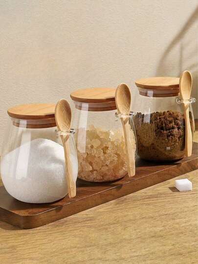Juego de tarros de vidrio redondos con cuchara de madera - 350ml + 600ml + 1000ml | Vidrio de borosilicato de alta resistencia al calor y al frío, tarros para especias, hojas de té, frutos secos, dulces, aperitivos, café y almacenamiento de alimentos