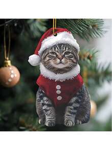 Ornement de Noël chat acrylique avec chapeau de Père Noël - Pendentif d'arbre thématique animal festif, décoration suspendue pour la maison, la voiture, les anniversaires, les fêtes, accessoire non électrique sans pile nécessaire - Multicolore - Voir 2