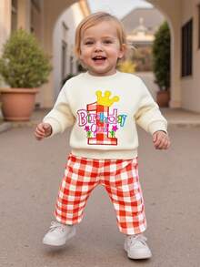 Conjunto de pantalón de cumpleaños para bebé niña, camiseta de manga larga con cuello redondo y bordado de la letra quot;Feliz cumpleañosquot; + pantalón a cuadros, ropa informal de mezcla de algodón suave, ideal para fotos de cumpleaños y fiestas. - Albaricoque - Ver 4