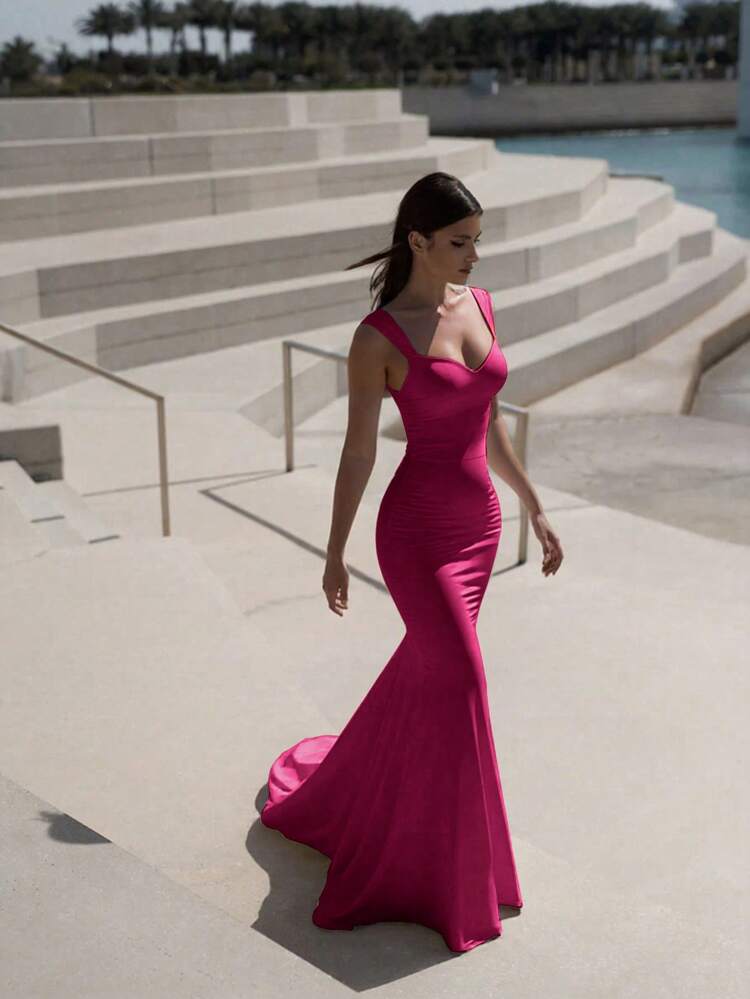 Basrey Elegante vestido de dama de honor de unicolor sin mangas con cola de sirena - Rosa Fucsia - Añade 2