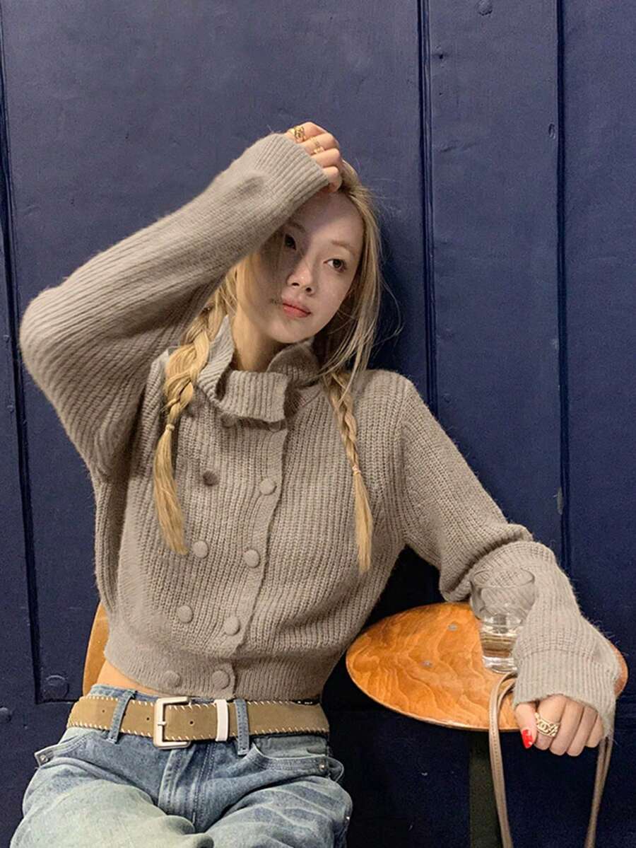 Women's Knit Cardigan With Lapel Collar, Slim Fit Crop Top, New Arrival For Early Autumn - Gray Apricot - View 1