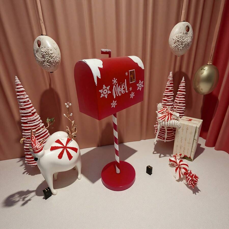 1 Vintage Wrought Iron Christmas Mailbox - Country Cotton-Style Red And White Mailbox With Golden Hinges, 3D Snowflake And Candy Bar Decoration, Indoor/Outdoor Holiday Decoration, Durable Metal Mailbox, Suitable For Porch Or Mantelpiece (Easy To Install)