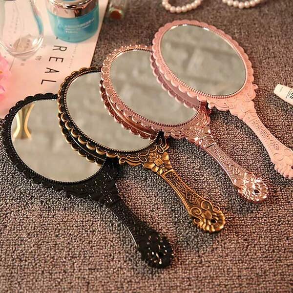 1pc High Definition Handheld Mirror, Vintage Floral Pattern Palace Style Compact Mirror, Portable Princess Hand Mirror