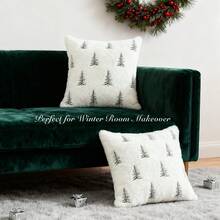 Fluffy Christmas Tree Embroidered Pillow Covers Set, Soft White Plush Cushion Cases For Winter Home & Holiday Room Decor, 18x18" (Covers Only) - 白色 - 查看 3