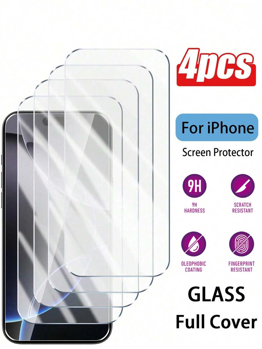 4pcs Full Coverage High Definition Tempered Glass Screen Protector, Compatible With IPhone 7/ 8/ 7PLUS/ 8PLUS/ XR/ 11 /12 /12Pro /13/ 14 /13Pro /14Pro /15 /15Pro/ 12mini /13mini/ X /XS/ 11Pro/ Xsmas /11promax /12Promax /13Promax/ 14plus /14Promax/ 15plus/ 15Promax/ 16 /16PLUS/ 16PRO /16PROMAX - Clear - View 1
