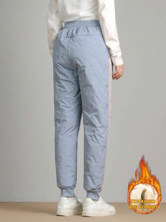 1 件女士保暖内衬加厚保暖抽绳腰运动裤，防风防寒休闲裤，冬季