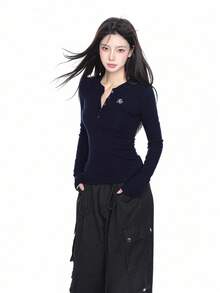 美国性感女士 V 领长袖针织 T 恤，修身剪裁，修饰肩部，罗纹针织套头衫，春秋季 - 深藍色 - 查看 4