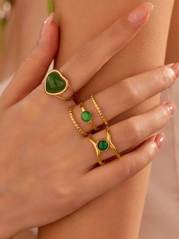 3 Peças Conjunto de Anéis Vintage Estilo Dourado de Aço Inoxidável com Pedra Preciosa Verde em Formato de Coração, Adequado para Decoração ou Presente Feminino