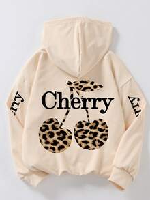 1 pieza Sudadera de manga larga con estampado de cerezas y leopardo para niñas, cómoda y de moda, adecuada para otoño e invierno, uso diario