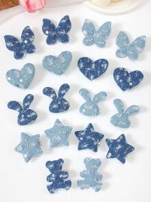 10pcs Random Blue Tone Rhinestone Glitter Fashion Hair Clips With Star, Rabbit, Butterfly, Bear, Heart Fabric Decor, Cute Girl Daily & Party Hair Accessories - Multicolor - View 2