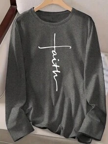 Faith Print T-Shirt, Long Sleeve Round Neck Casual Top Spring And Autumn, Women's Clothing 2025 - 黑灰色 - 查看 3