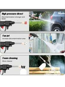 锂电池驱动洗车器，高压水枪，带适配器、喷嘴和软管，适用于清洗汽车、庭院和花园。送给男友和父亲的礼物。 - 黑色 - 查看 7