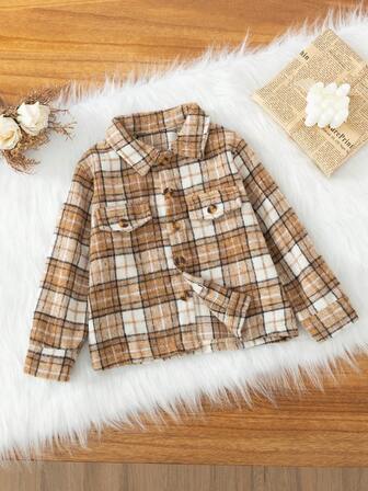 Vintage Plaid Casual Long Sleeve Single-Breasted Shacket For Young Girls