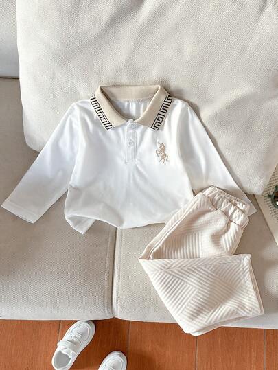 2pcs Baby Boys' Polo Shirt & Pants Set, Long Sleeve, Collar, Casual Sports Outfit, Spring/Autumn