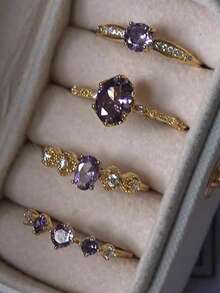 4pcs/Set Fashionable Exquisite Luxury High-End Unique Design Versatile Purple Rhinestone Gold Alloy Rings, Suitable As Gifts For Girlfriend, Wedding, Engagement - Multicolor - View 2