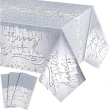 D3 Pcs Happy Birthday Tablecloths Plastic Birthday Tablecloths 54 X 108 Inches Glitter Disposable Table Covers Party Plies Decorations For Women - 銀色 - 查看 1