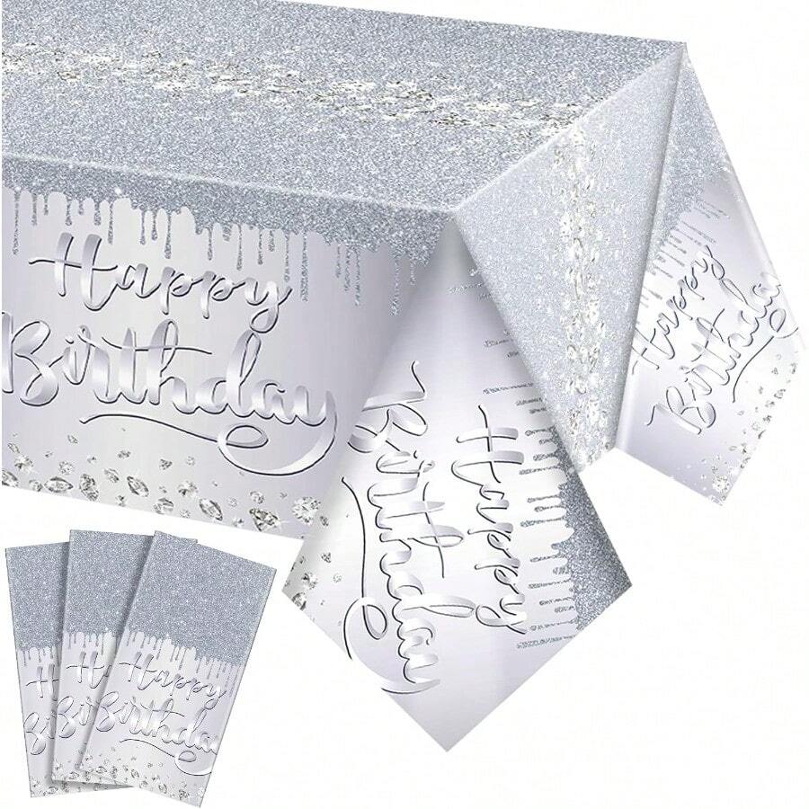 D3 Pcs Happy Birthday Tablecloths Plastic Birthday Tablecloths 54 X 108 Inches Glitter Disposable Table Covers Party Plies Decorations For Women - 銀色 - 查看 1