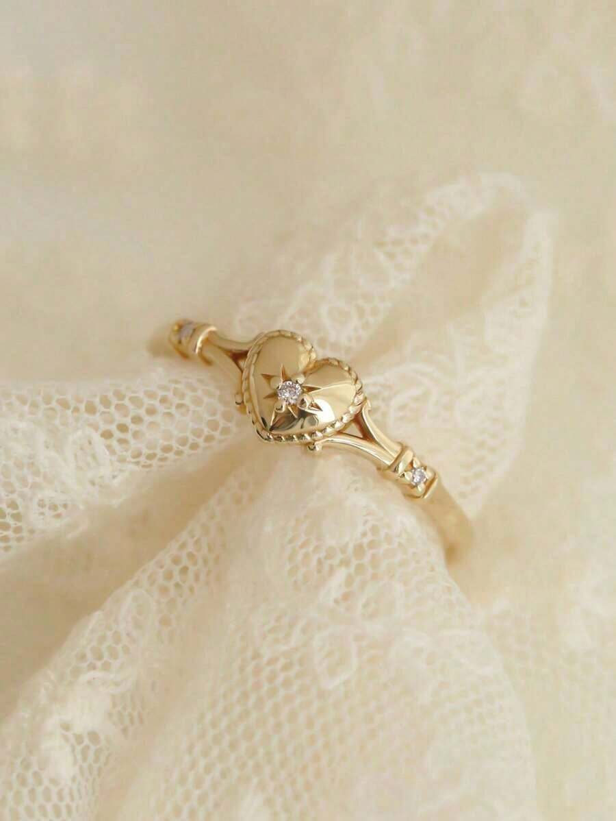 1Pc Heart Shaped Gold Colour Cz Rings For Women Elegant Female Accessories For Wedding Party Fancy Gift Jewelry - 戒指 - 查看 1