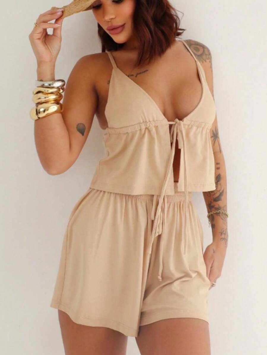 Women's Set, Shorts Set, Summer Set, Candy Color Set, Set With Blouse - Beis - Ver 1