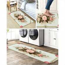 Floral Pattern Kitchen Rug, Non-Slip Washable Floor Mat With Vintage Rose Design, Watercolor Flowers For Kitchen Dining Room Entryway, Anti-Slip Rubber Backing, Long Narrow Runner Mat For Home Dec - 彩色 - 查看 4