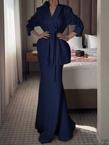 女士优雅单排扣西装外套搭配纯色半裙套装，尽显高贵典雅的春季风情 - 寶藍色 - 查看 6