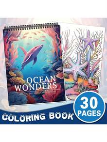 海洋奇观成人涂色书 - 30页绘画书，适合艺术疗法、休闲娱乐 - 大尺寸，单面印刷，螺旋装订 - 斋月、情人节、圣诞节和生日的完美礼物，也适合返校季、母亲节、送给妈妈的礼物、开学季、学习用品