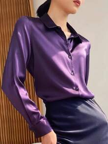Women's Simple Versatile Elegant Solid Color Long Sleeve Button-Up Shirt, Spring/Autumn - Purple - View 2
