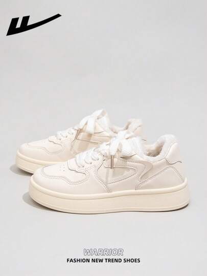  1 双 WARRIOR 女式厚底系带软底休闲鞋，低帮户外平底鞋，冬季保暖鞋，通勤鞋，圆头低跟防滑纯色优雅软底徒步适合学生毕业照平底鞋，低帮皮革运动鞋