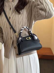 Túi xách nữ thời trang hiện đại với khóa kim loại trang trí, cao cấp, khăn lụa trang trí, túi đeo vai màu trơn mới, dây đeo điều chỉnh được, thích hợp cho mùa thu/đông. - màu đen - Xem 4