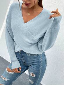Women's Sexy Sweater V Neck Off Shoulder Long Sleeve Cross Wrapped Front Knit Sweater Fall Autumn Winter Street Party Club Night Out Valentine Top Outfits - 藍色 - 查看 3