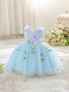 Baby Girls V-Neck 3D Floral Embroidered Mesh Princess Dress, Suitable For Birthday Party, Flower Girl, Wedding, Without Headband