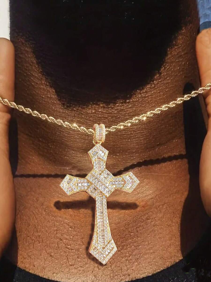 1 pieza Collar con colgante de cruz de rhinestone con cordón, estilo hip hop - Cruz de oro + cadena retorcida - Ver 1