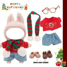 Weihnachtliche Atmosphäre Schal Dekorations-Set, Weihnachts-Muster T-Shirt, für LABUBU Set, modische Accessoires Zubehör, Urlaubs-Geburtstaggeschenk (ohne Plüschpuppe)