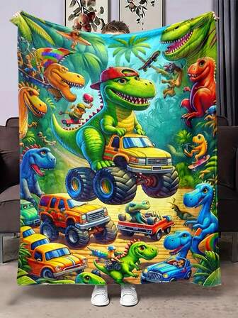 Cozy Dinosaur Truck Flannel Throw Blanket - Soft, Plush, And Warm For Ultimate Comfort - Perfect For Snuggling Up On Couch, Bed, Office Naps, Car Rides, And Outdoor Adventures
