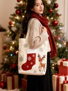 Customized Christmas Deer Women's One Shoulder Canvas Tote Bag - Multicolor - View 9