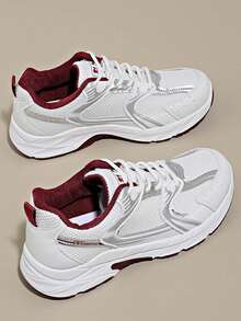 女士春秋新款休闲厚底运动鞋，网眼透气厚底坡跟休闲鞋，轻便百搭时尚系带白/灰色休闲运动鞋，适合所有季节 - 酒紅色 - 查看 12